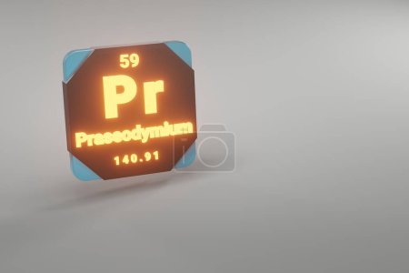Photo for Beautiful abstract illustrations Standing black and fire Praseodymium  element of the periodic table. Modern design with golden elements, 3d rendering illustration. Blue gray background. - Royalty Free Image