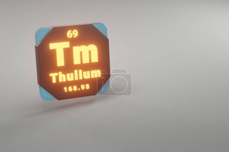 Photo for Beautiful abstract illustrations Standing black and fire Thulium  element of the periodic table. Modern design with golden elements, 3d rendering illustration. Blue gray background. - Royalty Free Image
