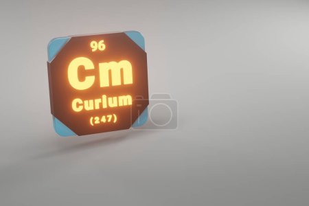 Photo for Beautiful abstract illustrations Standing black and fire Curium element of the periodic table. Modern design with golden elements, 3d rendering illustration. Blue gray background. - Royalty Free Image