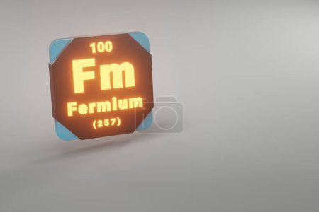 Photo for Beautiful abstract illustrations Standing black and fire Fermium  element of the periodic table. Modern design with golden elements, 3d rendering illustration. Blue gray background. - Royalty Free Image