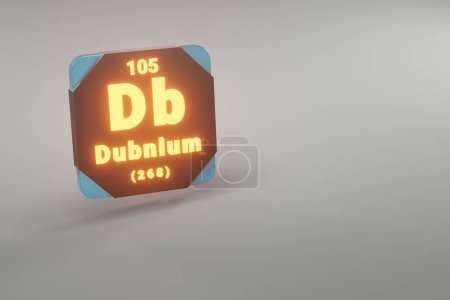 Photo for Beautiful abstract illustrations Standing black and fire Dubnium  element of the periodic table. Modern design with golden elements, 3d rendering illustration. Blue gray background. - Royalty Free Image