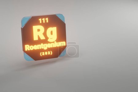 Photo for Beautiful abstract illustrations Standing black and fire Roentgenium  element of the periodic table. Modern design with golden elements, 3d rendering illustration. Blue gray background. - Royalty Free Image
