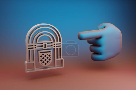 Photo for Beautiful illustrations abstract Hand index finger points to Vintage Jukebox symbol icon on a multicolor bright background. 3d rendering illustration. Background pattern for design. Musical object. - Royalty Free Image