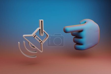 Photo for Beautiful illustrations abstract Hand index finger points to Concert Sportlight symbol icon on a multicolor bright background. 3d rendering illustration. Background pattern for design. Musical object. - Royalty Free Image