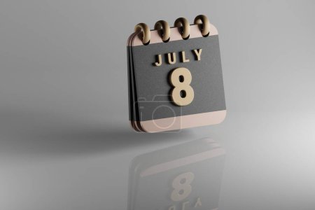 Photo for Standing black and golden month lined desk calendar with date July 8. Modern design with golden elements, 3d rendering illustration. White ceramic reflection background.. - Royalty Free Image