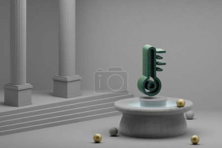 Foto de Beautiful abstract illustrations Thermometer symbol icon on a fountain and column background. 3d rendering illustration. Save Ecological. - Imagen libre de derechos