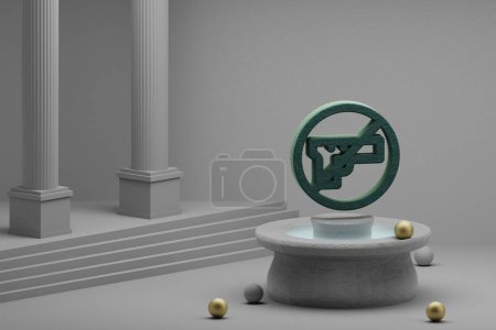 Photo for Beautiful abstract illustrations Green Peace no war symbol icon on a fountain and column background. 3d rendering illustration. - Royalty Free Image