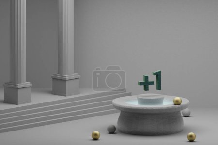 Photo for Beautiful abstract illustrations Green Plus One symbol icon on a fountain and column background. 3d rendering illustration. - Royalty Free Image
