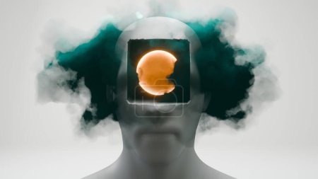 Photo for Abstract head with a hole, featuring clouds, symbolizing a blend of the human mind and ethereal elements. - Royalty Free Image