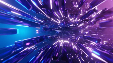 Téléchargez les photos : Un tunnel de science-fiction illuminé de néons bleus et violets, créant une voie futuriste et envoûtante - en image libre de droit