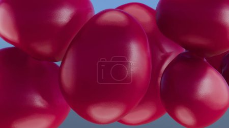 rendu 3D de ballons gonflants luttant pour s'adapter dans un espace confiné, créant une scène capricieuse mais tendue.