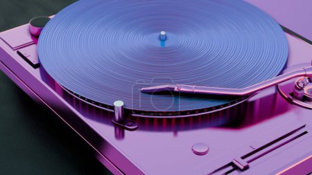 Esta ilustración 3D muestra un tocadiscos de vinilo con colores vibrantes, añadiendo un toque moderno y colorido a un reproductor de música clásica.