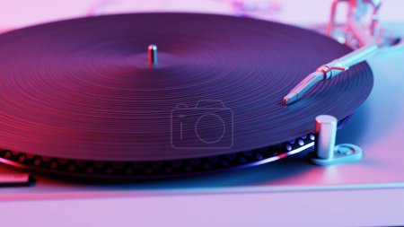 Cette illustration 3D présente un tourne-disque vinyle aux couleurs vives, ajoutant une touche moderne et colorée à un lecteur de musique classique..