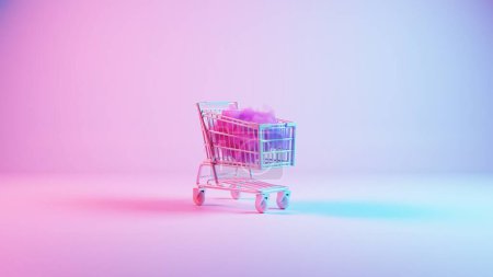 This illustration features a shopping cart adorned with a fluffy cloud, set against a pristine white background