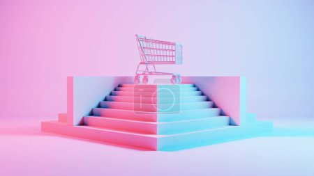 This 3D render showcases a shopping cart positioned on a podium, symbolizing its significance and prominence in the realm of e-commerce