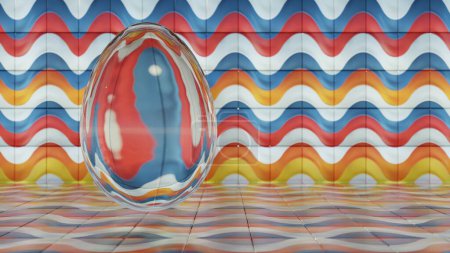 Téléchargez les photos : Conception minimaliste 3D d'œufs de Pâques avec une texture en verre et des éléments rétro vagues, fusionnant le symbolisme classique des vacances avec l'esthétique moderne - en image libre de droit