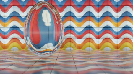 Minimalistisches 3D-Osterei-Design mit Glasstruktur und Retro-Wellenelementen, das klassische Feiertagssymbolik mit moderner Ästhetik verbindet