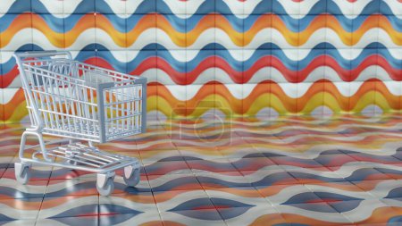 Minimalistisches 3D-Osterei-Design mit Retro-Wellenmuster, begleitet von einem Einkaufswagen, der das Shopping und Feiern im Urlaub symbolisiert.