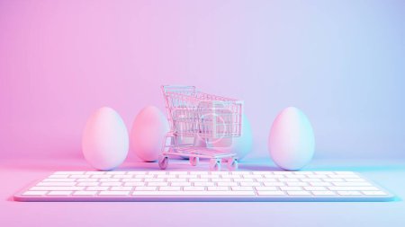 Foto de Diseño minimalista en 3D de huevos de Pascua con un patrón de onda retro, acompañado de un carrito de compras que simboliza las compras y la celebración navideñas. - Imagen libre de derechos