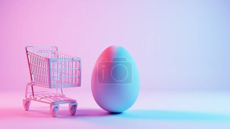 Foto de Diseño minimalista en 3D de huevos de Pascua con un patrón de onda retro, acompañado de un carrito de compras que simboliza las compras y la celebración navideñas. - Imagen libre de derechos