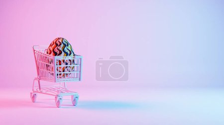 Diseño minimalista en 3D de huevos de Pascua con un patrón de onda retro, acompañado de un carrito de compras que simboliza las compras y la celebración navideñas.