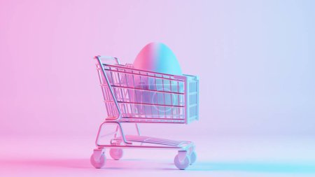 Conception minimaliste 3D d'?ufs de Pâques avec un motif de vague rétro, accompagné d'un panier symbolisant les achats de vacances et la célébration.