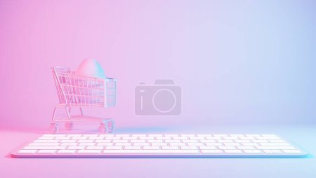 3D minimalist Easter egg design with a retro wave pattern, accompanied by a shopping cart symbolizing holiday shopping and celebration.