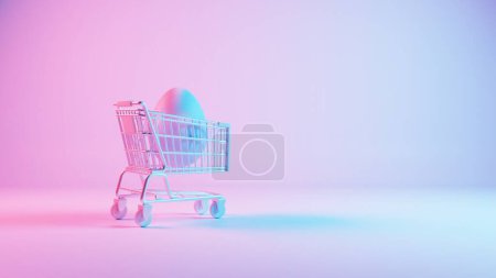 Minimalistisches 3D-Osterei-Design mit Retro-Wellenmuster, begleitet von einem Einkaufswagen, der das Shopping und Feiern im Urlaub symbolisiert.