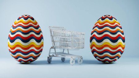 Diseño minimalista en 3D de huevos de Pascua con un patrón de onda retro, acompañado de un carrito de compras que simboliza las compras y la celebración navideñas.