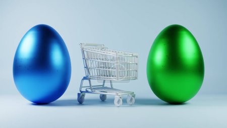 3D minimalist Easter egg design with a retro wave pattern, accompanied by a shopping cart symbolizing holiday shopping and celebration.