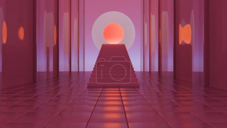 This 3D landscape embodies a minimalist retro style, featuring clean lines and geometric shapes for a nostalgic yet modern aesthetic