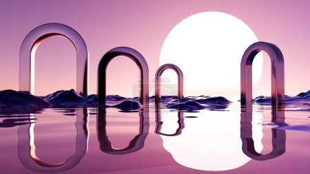 Sunset Symphony: Arcos Armoniosos Reflexionando sobre un Mar Violeta