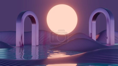 Evening Glow: Luminous Orb and Arches on a Wavy Purple Terrain