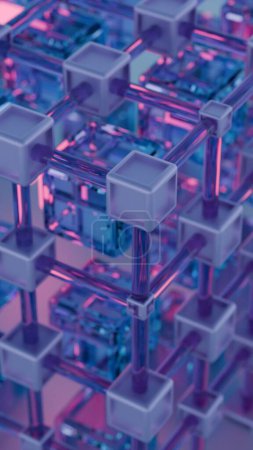 Vereinfachte Blockchain, dargestellt durch stilisierte geometrische Formen, bietet eine moderne und abstrakte Darstellung dezentralisierter Technologie.