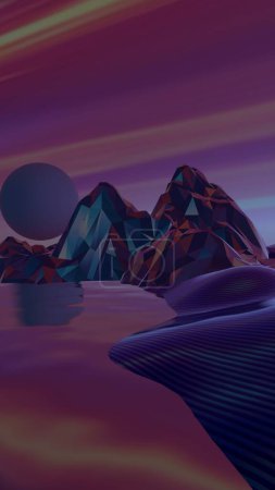Stunning abstract landscapes with montane, desert dunes under a strange moonlight, and water reflections creating a serene night scene.	