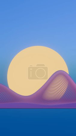 This 3D animation features a minimalist design of retro waves with a sun, offering a blend of modern aesthetics and nostalgic elements.	