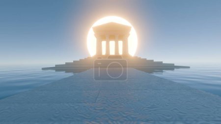 Foto de Temple of Dawn: Una obra maestra digital en 3D de un majestuoso templo iluminado por el sol naciente - Imagen libre de derechos