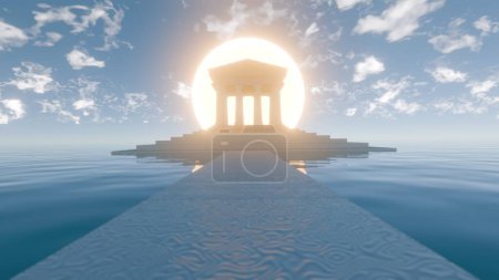 Temple of Dawn: Una obra maestra digital en 3D de un majestuoso templo iluminado por el sol naciente