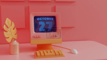Calendario retro de neón - 27 de octubre se muestra en la pantalla del ordenador Vintage con gráficos de estilo de los años 80