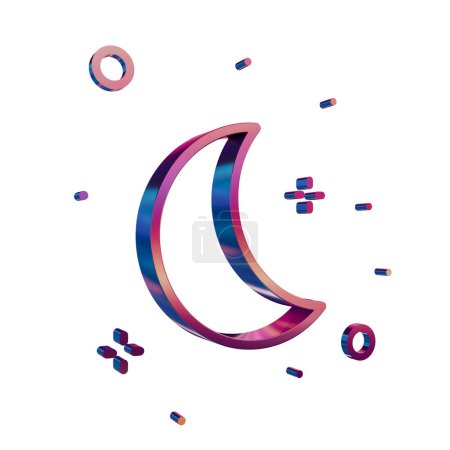 3D Neon Retro Icon - Crescent Moon with Floating Symbols