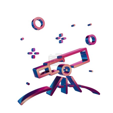 Icono retro de neón 3D - Telescopio con símbolos flotantes