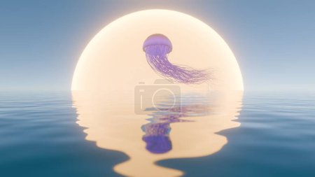 Arte digital 3D de una medusa que se levanta contra un horizonte iluminado por el sol sobre aguas tranquilas