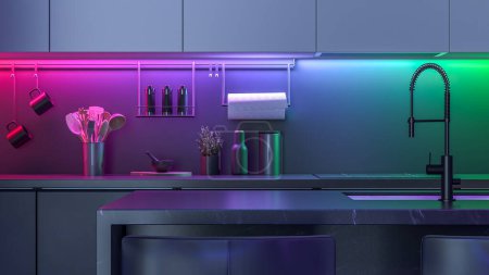 Foto de Cocina moderna con luces led de colores por la noche - Imagen libre de derechos
