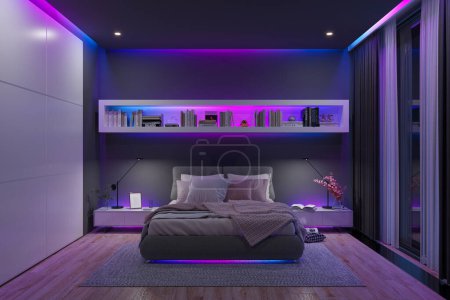 Dormitorio moderno con luces de tira led multicolores cerca.