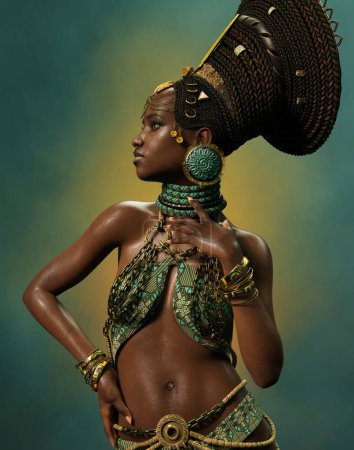 Foto de 3d gráficos por computadora de una belleza africana con joyas y tocado - Imagen libre de derechos
