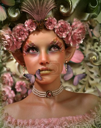3d computer graphics of a portrait of a fairy with headpiece and butterfly (Not AI generated)