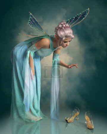 Photo for 3d computer graphics of a fairy looking at shoes - Royalty Free Image