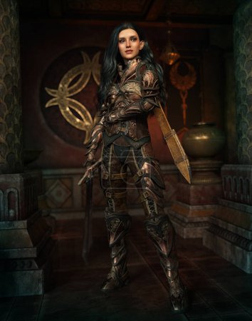 3d computer graphics of a  femal fighter with fantasy armor