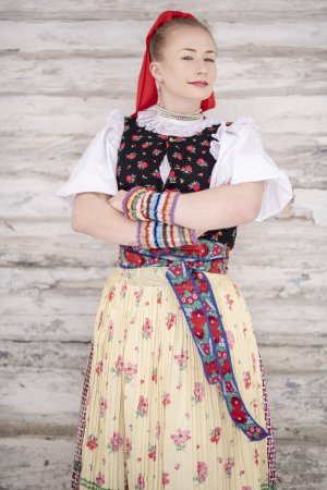 Photo for Beautiful young slovak woman in traditional slovak vak costume slovak folklore. - Royalty Free Image