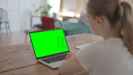 Foto de Rear View of Young Woman Working on Laptop with Green Chroma Screen - Imagen libre de derechos